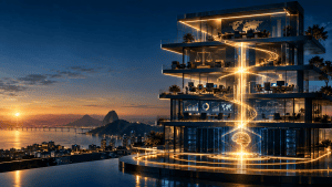 Arquitetura empresarial inteligente conectando governança, pessoas, processos, indicadores e Inteligência Artificial