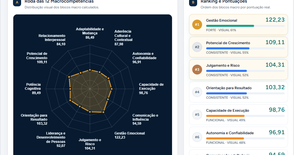 Roda das 12 Macrocompetências, gráfico real do IMD 3.0, sem identificação do avaliado